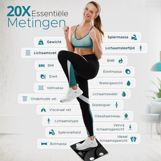 e.volve Waage Personenwaage Digital - 20x - Schwarz - Intelligente Waage mit Körperanalyse - Präzisionswaage - inkl. App