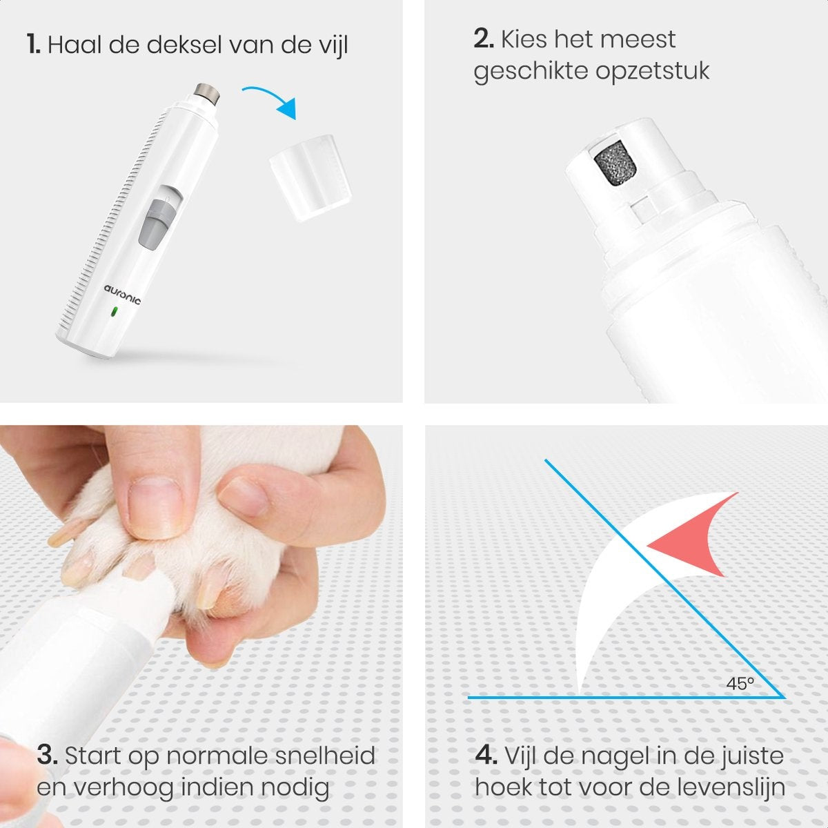 Auronic Elektrische Nagelfeile - für Tiere - wiederaufladbar - kabellos - Diamantfeilenkopf - Hund/Katze - weiß