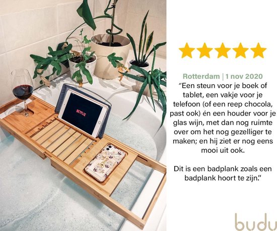 Budu Badebrett Bambus - Badebrett für die Badewanne - Verstellbares Badregal - Badebrett aus Holz - Badregal - Badebrett Holz - 70-105 cm