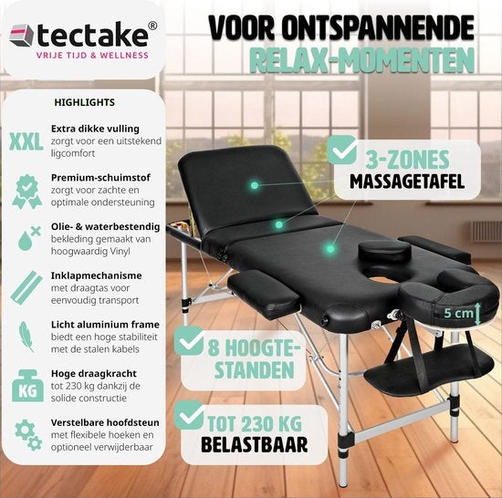 Mobile Aluminium Massageliege 3 Zonen - Schwarz - Behandlungsliege - inkl. Aufbewahrungstasche - faltbar