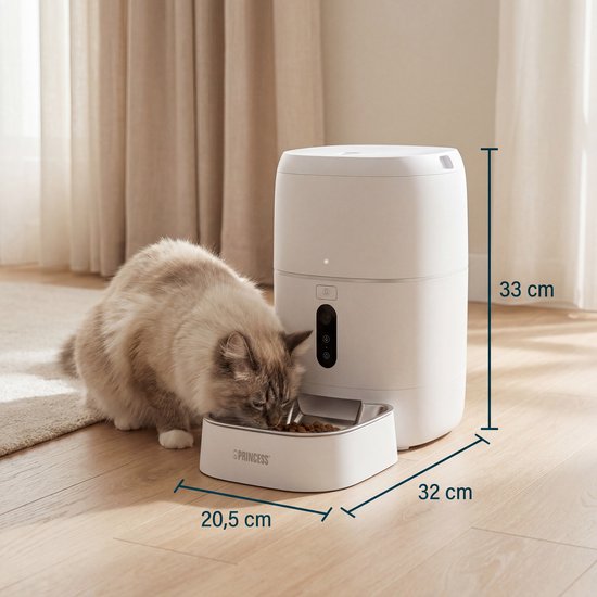 Princess Automatischer Fressnapf – HD-Kamera & Smart – 6 Liter – Katze & Hund – App-Steuerung – Geplante Fütterung – Edelstahlschüssel – Pufferbatterie – Futterautomat – Futterspender – 610065