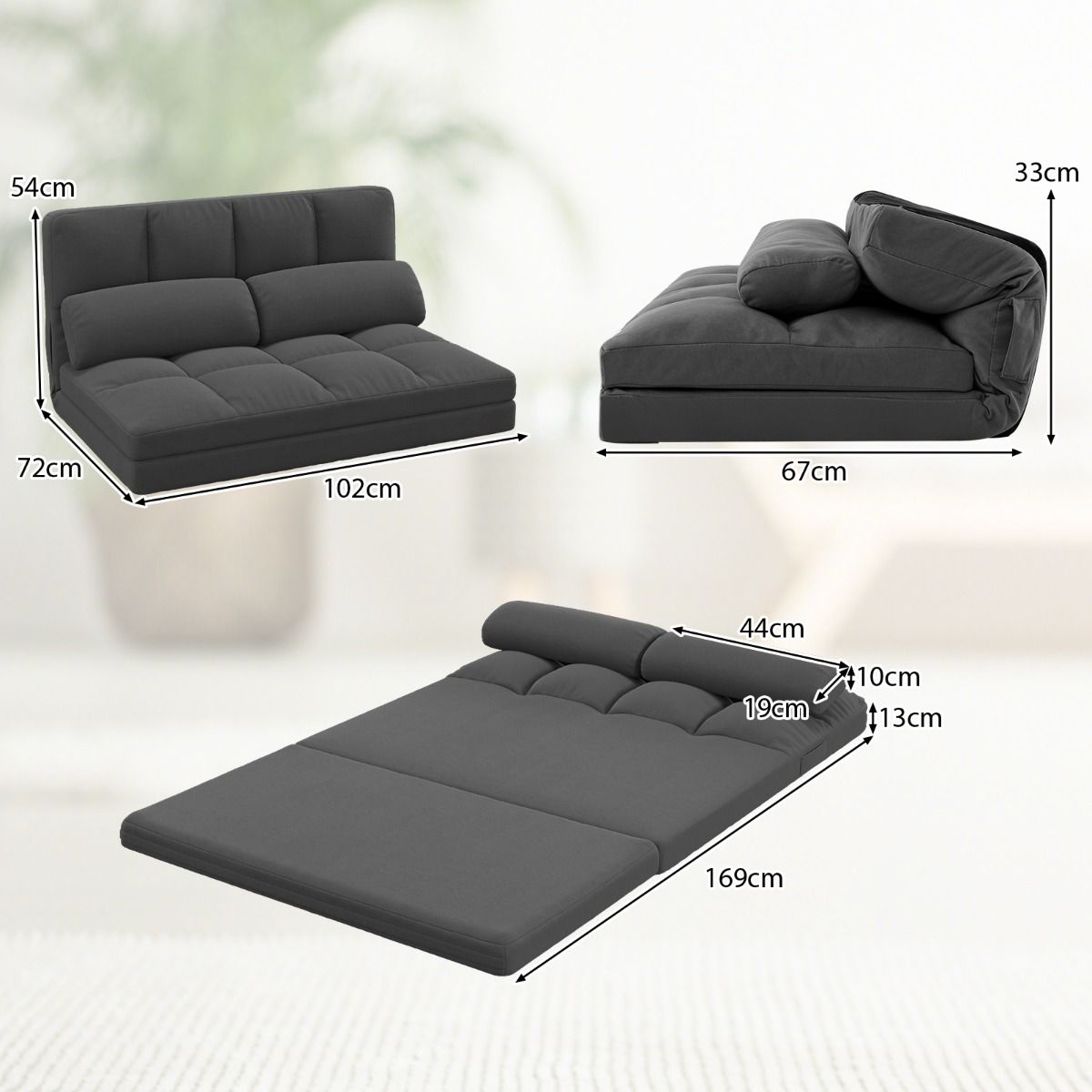 Coast Klappbare Bodenbank – 3-in-1-Schlafsofa – Verstellbare Rückenlehne – Dunkelgrau