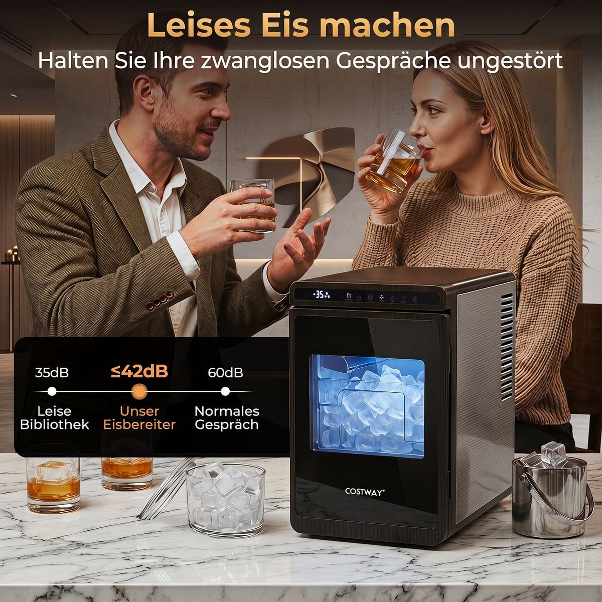 Coast Eiswürfelmaschine – 2 Einstellungen – 24-Stunden-Timer – 4 cm große quadratische Eiswürfel – schwarz und silber