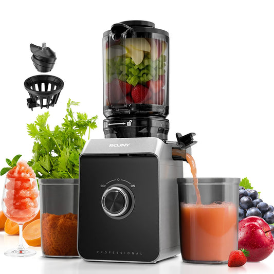Rouny Slow Juicer FF Pro Max – 150 W Kaltpress-Entsafter – 130 mm Einfüllöffnung – Filterfrei – Fruchteis-Funktion – 1,8 l – Schwarz