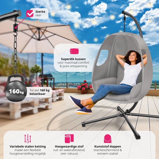 tectake Hängesessel mit Gestell - Schaukelstuhl mit Kissen + Rückenkissen - Möbel für Wohn- oder Schlafzimmer - Balkonmöbel - Für drinnen oder draußen - Bis 160 kg - Hellgrau