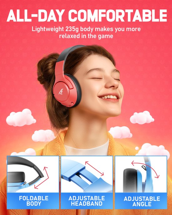 Kofire × CINPUSEN CG-01 – Kabelloses Gaming-Headset – Over-Ear-Kopfhörer – Mit Mikrofon – PC/PS4/PS5/Nintendo Switch – Blau-Rot