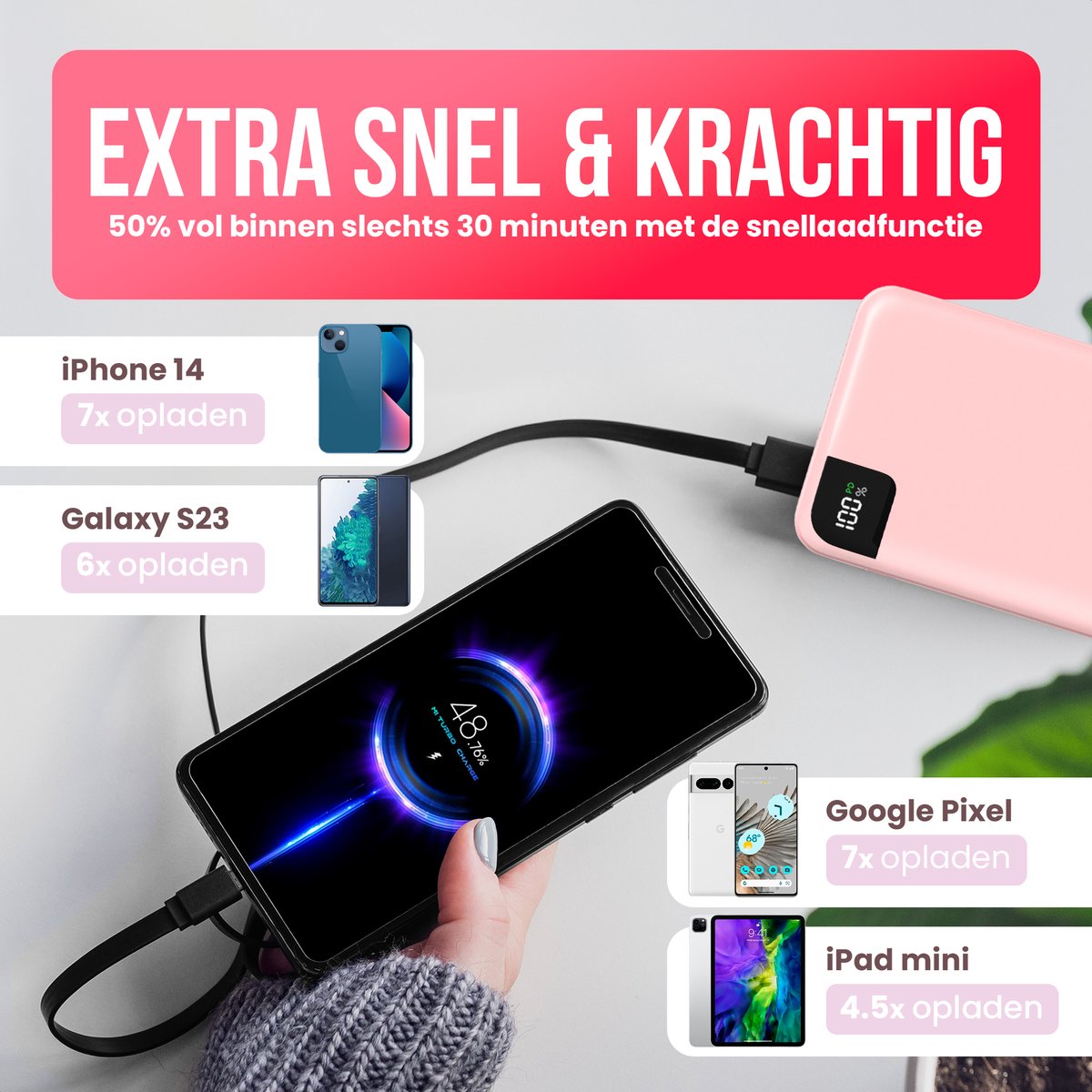 Strex Powerbank Pink - 27.000 mAh - 22,5W Schnellladegerät - USB-A/USB-C - LED-Anzeige - Universal-Powerbank u.a. geeignet für iOS/Android