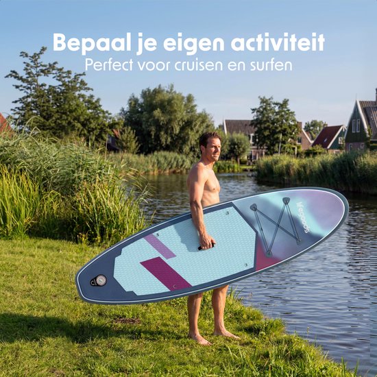 LifeGoods SUP Board All-round Compact - mit Sitz - 100 KG Tragfähigkeit - 300 x 76 cm - Aufblasbar - Komplettes SUP Paket - Blau/Lila