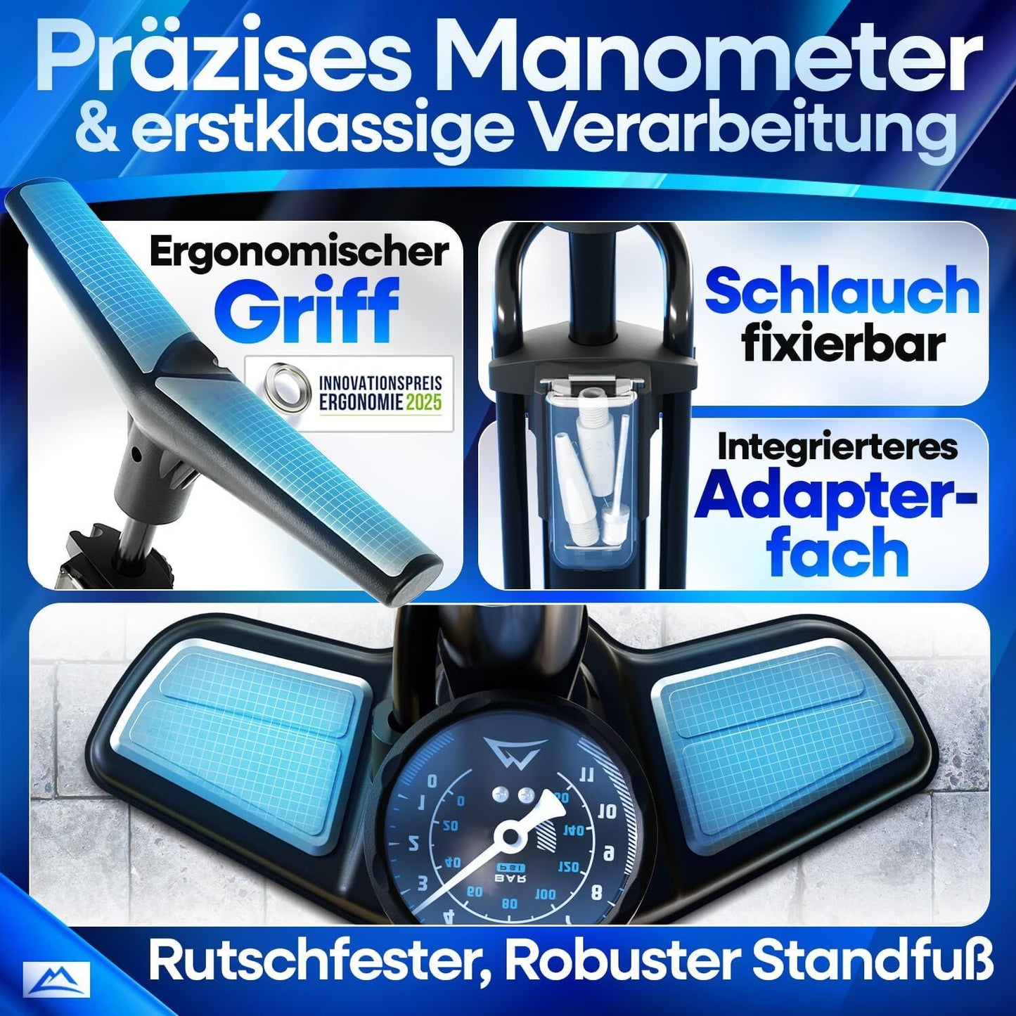 NEXTCOVER® Fahrradpumpe Alle Ventile - Airflow Technologie - Pumpe für Autoventil - Manometer - Luftpumpe Fahrrad