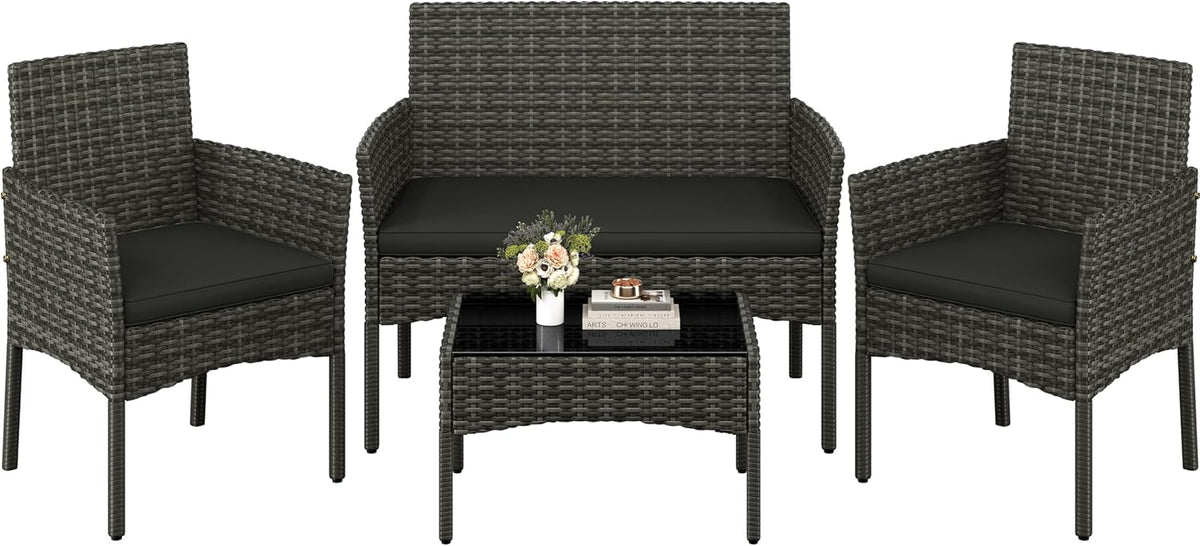 Yaheetech 4-teiliges Gartenmöbel-Set – Bank, zwei Stühle und Tisch – grau