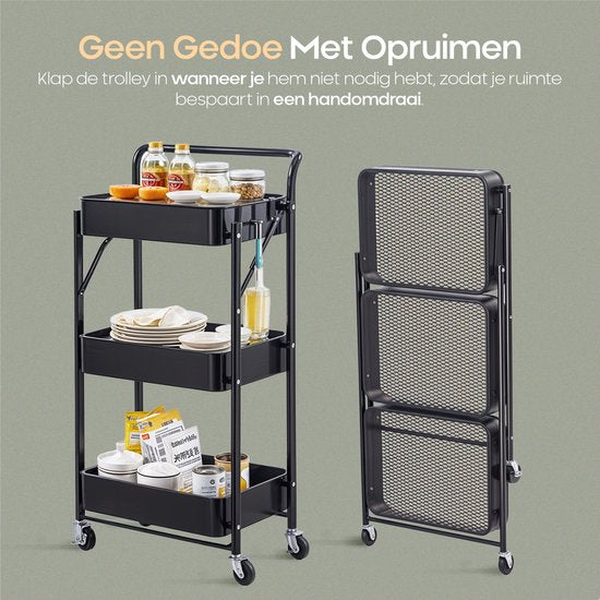O'DADDY® Küchenwagen zusammenklappbar - 3 Lagen - Servierwagen auf Rädern - Küchenwagen - Rollbarer Tisch - Aufbewahrungswagen - Aufbewahrungswagen - Küchenregal - Schwarz