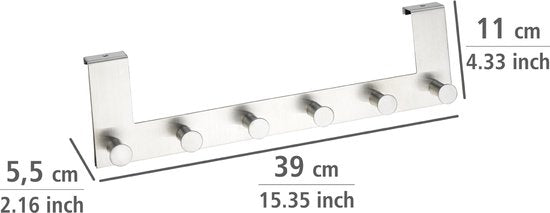 WENKO Türgarderobe Celano aus Edelstahl, 39 cm breit, mit 6 Haken – Hakenleiste – Türgarderobe – Für Aufsatz-Türen mit einer Stärke von 2 cm