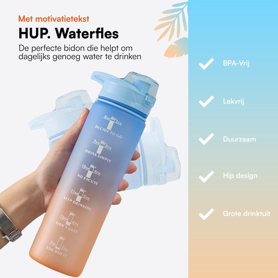 Hup. - Motivation Water Bottle - Wasserflasche 1 Liter - Trinkflasche - Wasserflasche mit Ausgießer - Trinkflasche für Erwachsene - auslaufsicher und BPA-frei