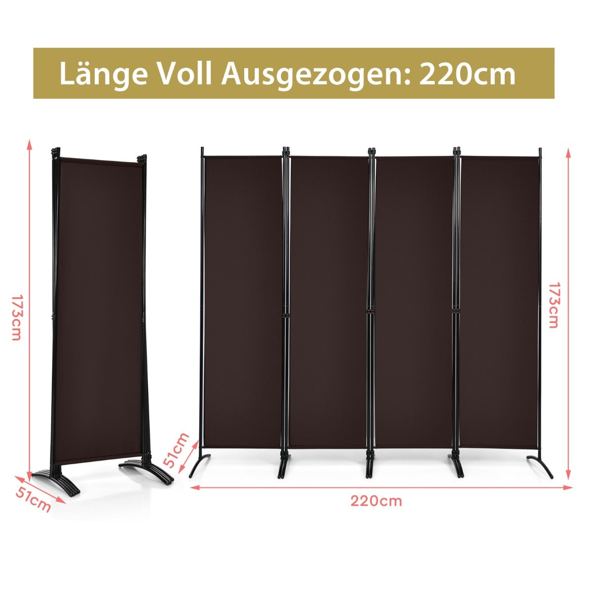 Coast 4-delige 173 cm High Room Divider draagbare partitie met stalen frame bruin