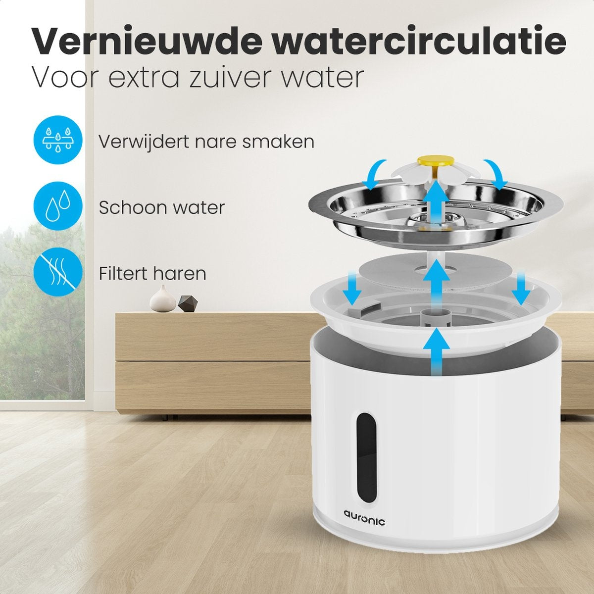 Auronic Trinkbrunnen - Wasserbrunnen für Katzen und Hunde - 2.4L - Tiertränke - Inkl. 4 Filter und 2 Bürsten - Weiß