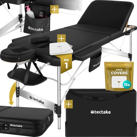 tectake® 3-Zonen-Massagetisch - 70cm breit - Behandlungsliege mit 5cm dicker Polsterung und Aluminiumrahmen - Inklusive 15 Kopfstützentüchern und Tragetasche - Maximale Belastbarkeit 230kg - Schwarz