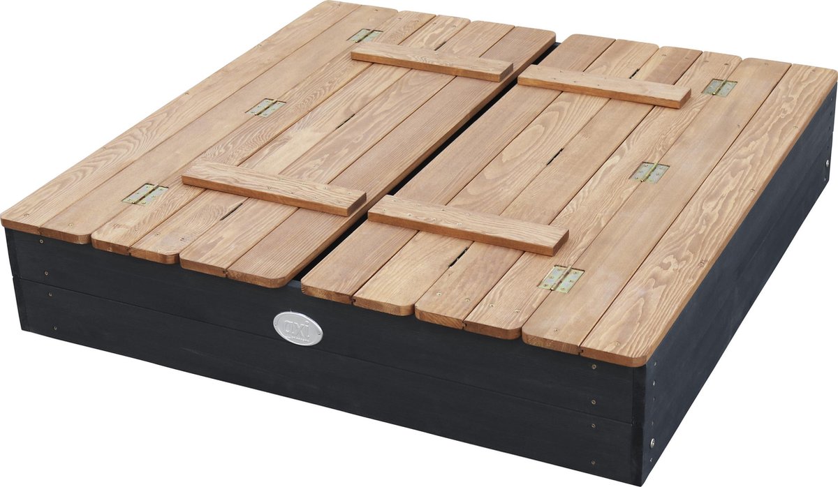AXI Ella Sandkasten aus Holz 100 x 95 x 20 cm – Anthrazit/Braun – Mit Deckel und 2 Sitzbänken – FSC-zertifiziertes Hemlock-Holz