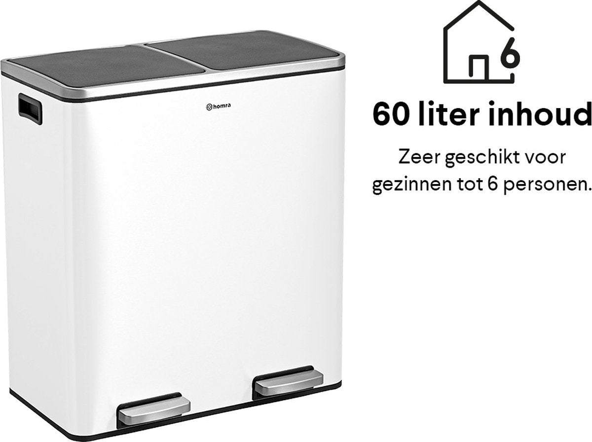 Homra QUICKX Abfalltrennbehälter 2 Fächer Weiß - 60 L (2x30 L) Tret-Abfallsammler - Design-Duo-Abfallsammler Edelstahl - Abfalltrennung - Recycling-Abfallsammler - Hygienetret-Abfallsammler - Doppelmülleimer - Küchenmülleimer - Büroabfallsammler