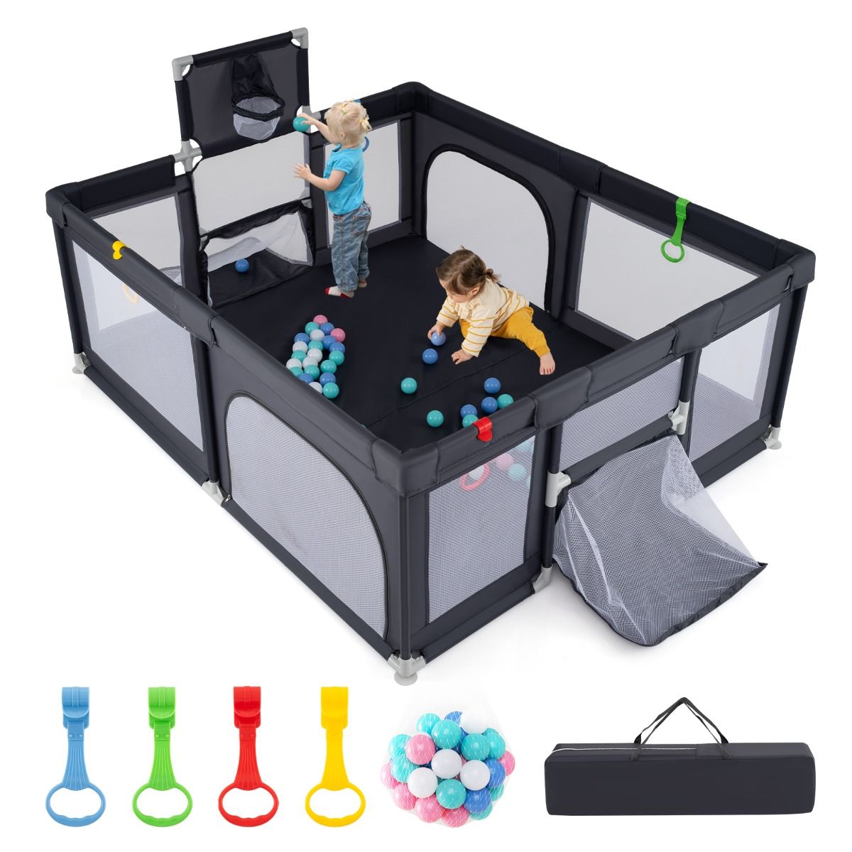 Coast Babybox mit Basketballkorb und Fußballtor – inklusive Bälle und Tragetasche – dunkelgrau 188 x 157 cm