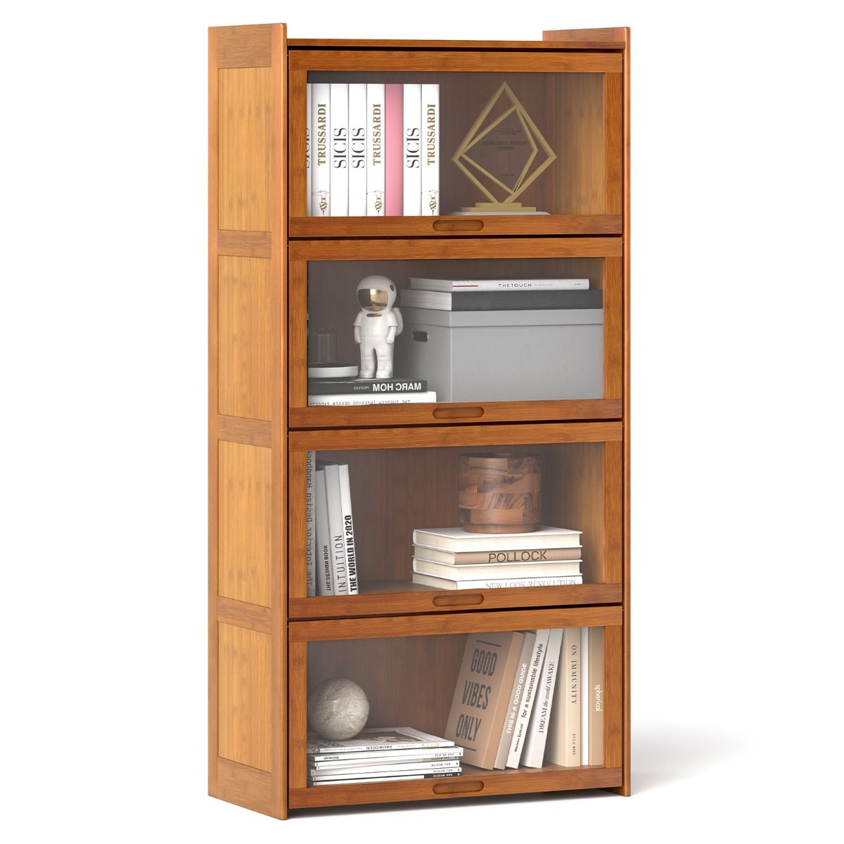 Coast Bücherregal mit 4 Fächern – Bambus – Klapptüren aus Acryl – 69 x 34 x 140 cm – Braun/Natur