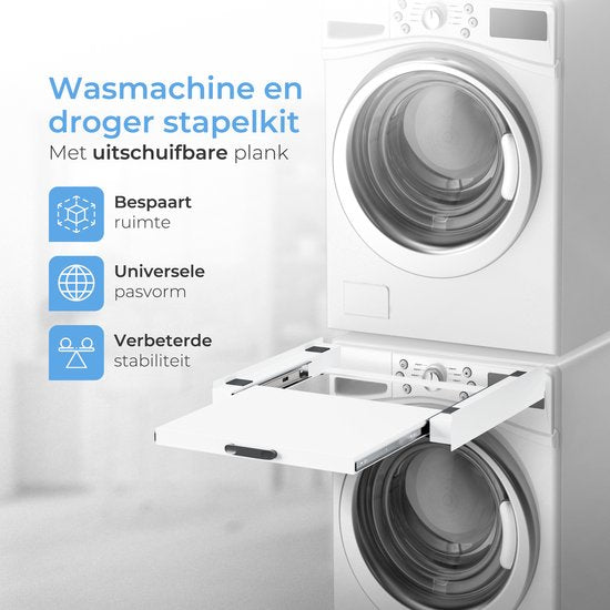 Skoov Abstandshalter für Waschmaschine & Trockner - Stapelset - Mit ausziehbarem Fachboden - Universal - Trockner - Möbel - inkl. Schwingungsdämpfer und Spannband