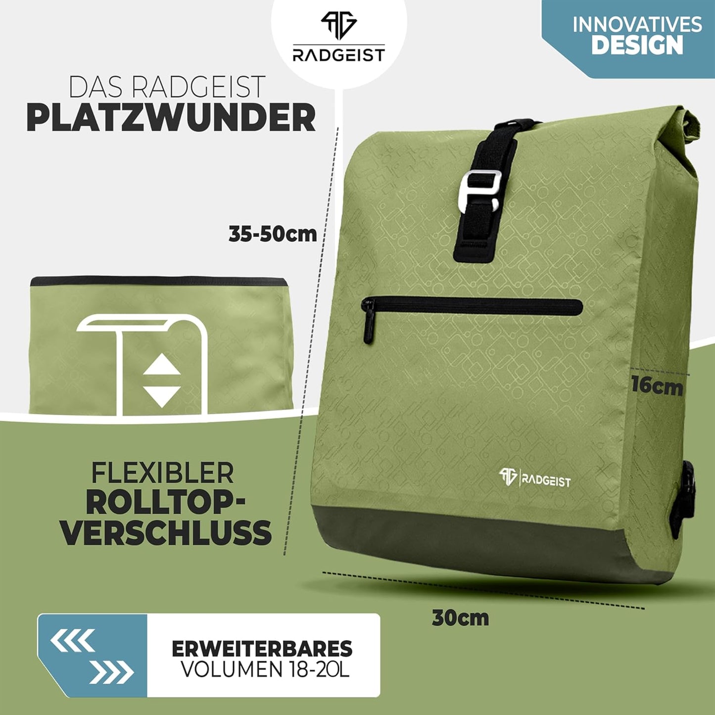 RADGEIST Fahrradtasche - Für Gepäckträger - Für Frauen & Männer - Umhängetasche - 20L - Grün