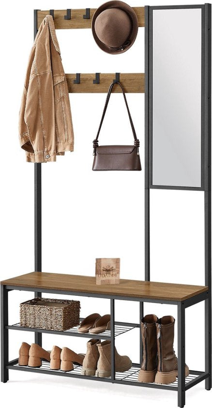 O'DADDY® Garderobe mit Spiegel - Garderobenständer - Schuhablage - Garderobenständer hochkant - Vintage Look - Schwarz und Braun - Schuhablage - Garderobenständer