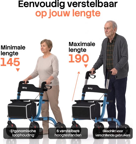 Brixy Rollator – Leicht & zusammenklappbar – 360°-Gummiräder – Sitzfunktion – Für drinnen und draußen – Rückenlehne, Tasche & Gehstockhalter – Blau