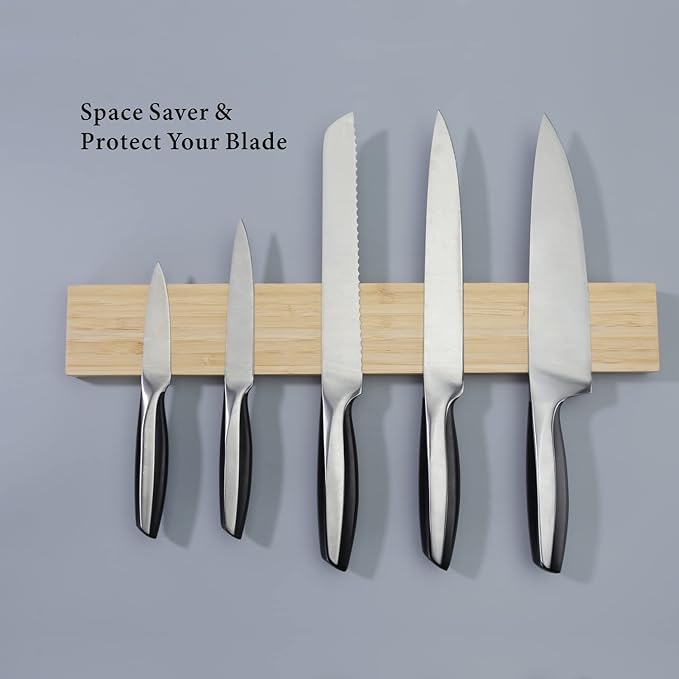 KITCHENDAO Magnetischer Messerhalter Bambus - 43 cm Messerleiste - Extra starker Magnet - Wandmontage - Für Küche & Werkzeug