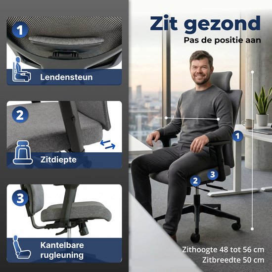 Backerz Ergonomischer Bürostuhl – Bürostühle für Erwachsene bis 160 kg – Stoff-Bürostuhl – NEN-EN1335