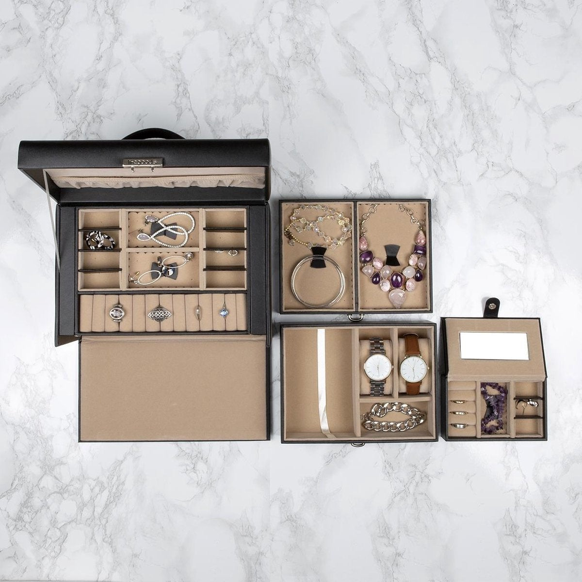 LifeGoods Schmuckkästchen XL - Schmuckaufbewahrung - 20 Fächer - Schwarz/Beige