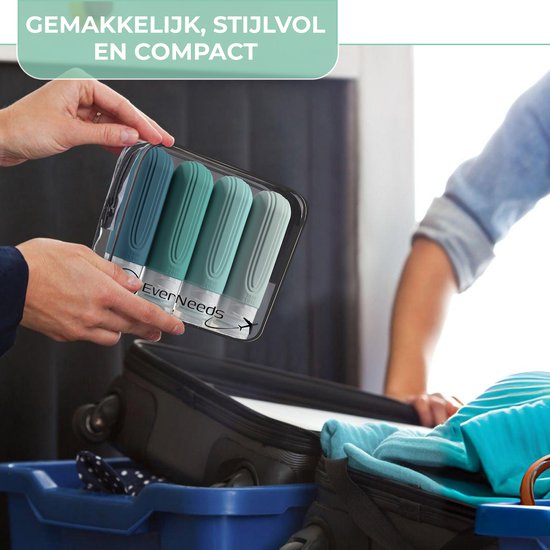 EverNeeds Reiseflaschen mit Etui - Nachfüllbar - Silikon-Reiseflaschen Handgepäck - Minze - 4 Stück