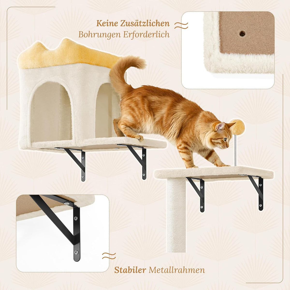 Yaheetech Kletterwand für Katzen - 4-teilig - mit Kratzbereich und Korb - Beige