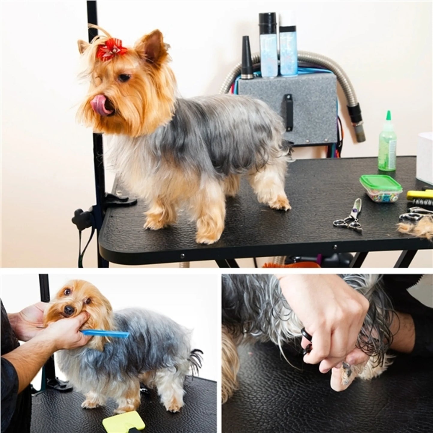 Yaheetech klappbarer Pflegetisch - ausgestattet mit höhenverstellbarem Ständer und abnehmbarem Trageriemen und rutschfester Arbeitsplatte - für Hunde und Katzen - schwarzes Metall und PU-Leder - 80,5 x 46 x 76 cm