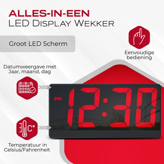 Caliber Digitaler Wecker – Digitale Wecker – Einstellbare Schlummerzeit – Wecker – Dimmbares Display – Digitale Uhr für das Schlafzimmer – USB-Ladegerät