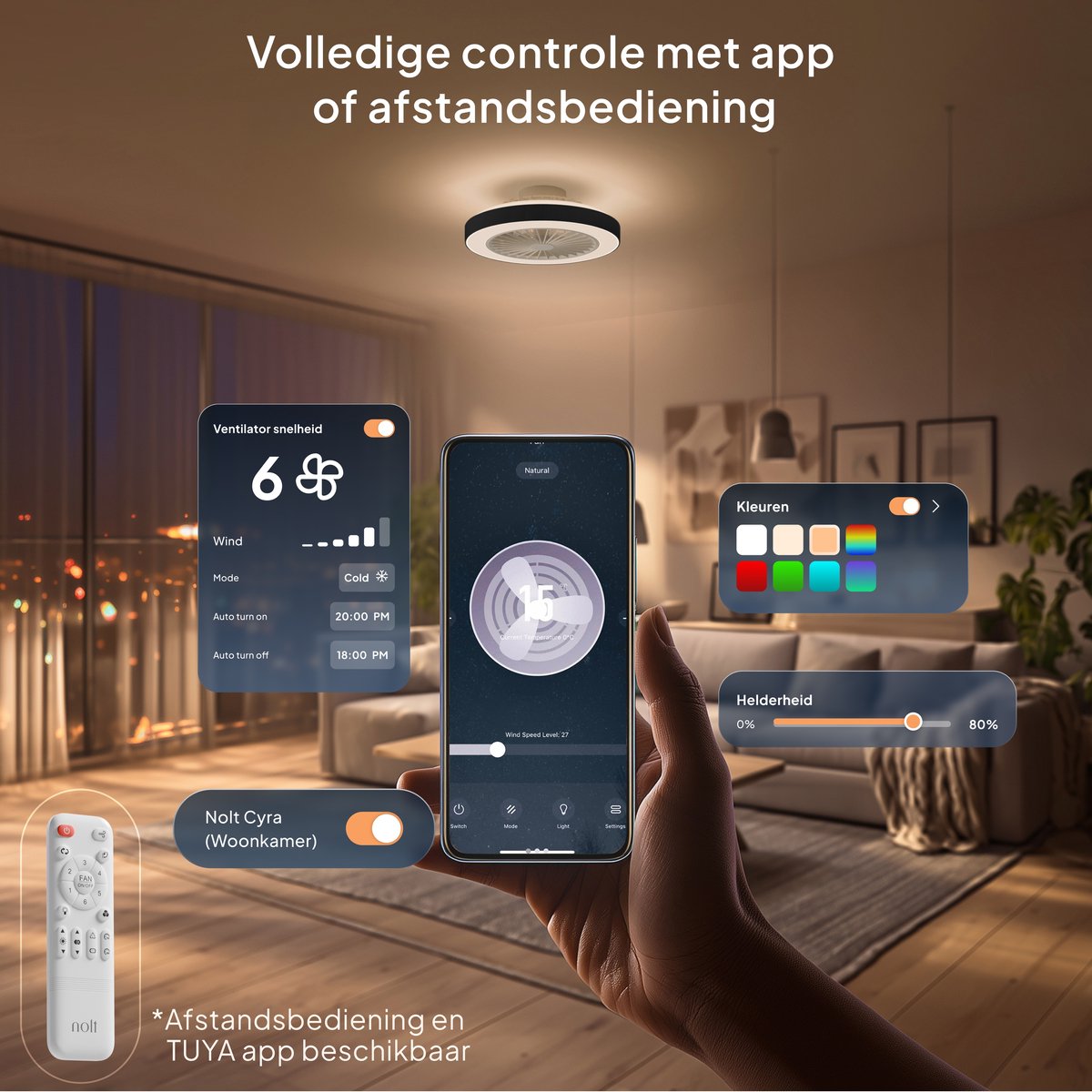 Nolt Deckenventilator mit Beleuchtung - Deckenlampe Ventilator - Deckenleuchte - LED RGBW - Tuya Wifi Smart - Fernbedienung - ⌀ 50cm - Schwarz