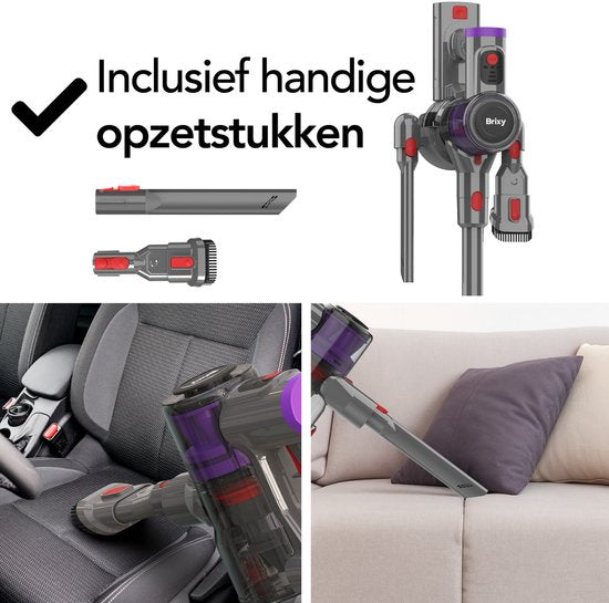 Brixy Stahlstaubsauger, kabellos – 30 kPa Saugkraft – 50 Min. Betriebszeit – Mehrere Filter – Handstaubsauger – Kabelloser Staubsauger – Vacuum Cleaner – Grau/Lila