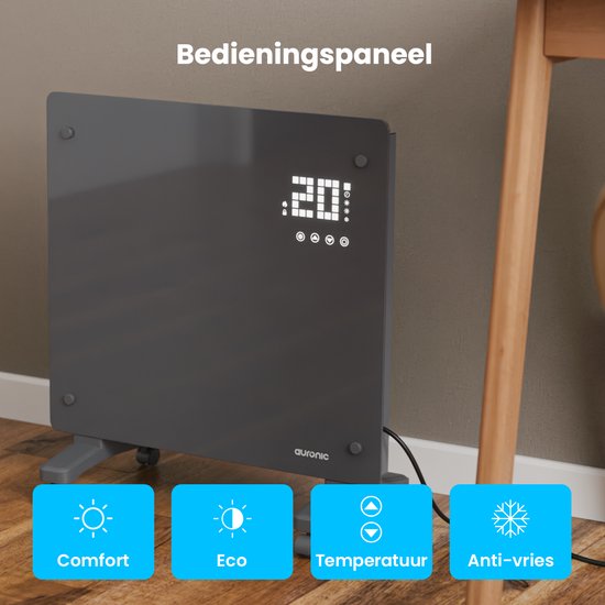 Auronic Electric Heater - Konvektor-Heizung mit Thermostat und Fernbedienung - Glasheizung - 1000W Heizung - Grau