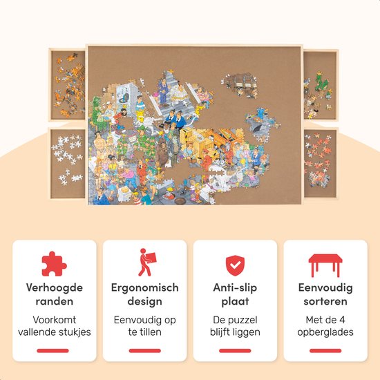 Diydash Puzzlebrett & Puzzletisch - 1000 Teile - 83 x 64 cm - Mit 4 Sortierschubladen & Aufbewahrungssystem - Holz - Braun