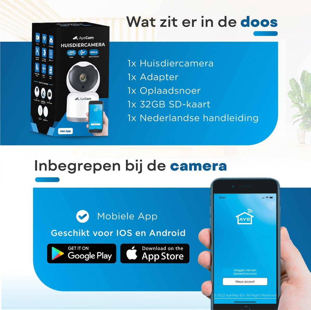 AyeCam Haustierkamera - Mit App - Inkl. 32GB SD - WiFi - Bewegungs- & Geräuscherkennung - Sicherheitskamera - Hundekamera