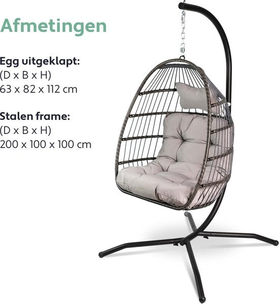 Vita5 Egg Hanging Chair - mit Ständer - für drinnen und draußen - Cocoon Chair - faltbar - bis zu 150kg - inkl. Kissen & Bezug - Hellgrau