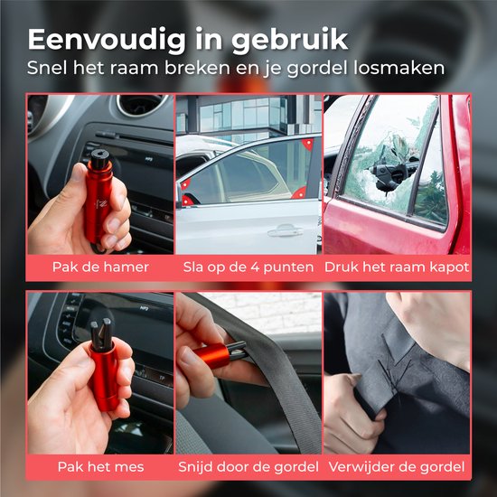 Nuvance - Sicherheitshammer - Notfallhammer - inkl. Klebehalter und Prüfglas - Rettungshammer - Gurtschneider - Autohammer - Sicher unterwegs - Rot