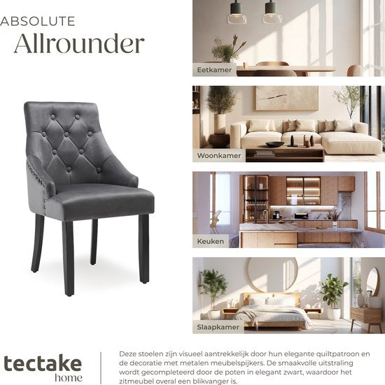 tectake - 2er-Set Esszimmerstühle Everdeen - Samtoptik, abgesteppt - Mit Armlehnen - Beine aus Massivholz - Stuhl für Wohnzimmer, Esszimmer, Küche - Große Rückenlehne - Dunkelgrau / schwarz