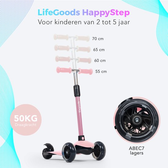LifeGoods - HappyStep - Kinder-Roller - Schritt 2-5 Jahre - 3 leuchtende LED-Räder - höhenverstellbar - Jungen/Mädchen - Pastellrosa