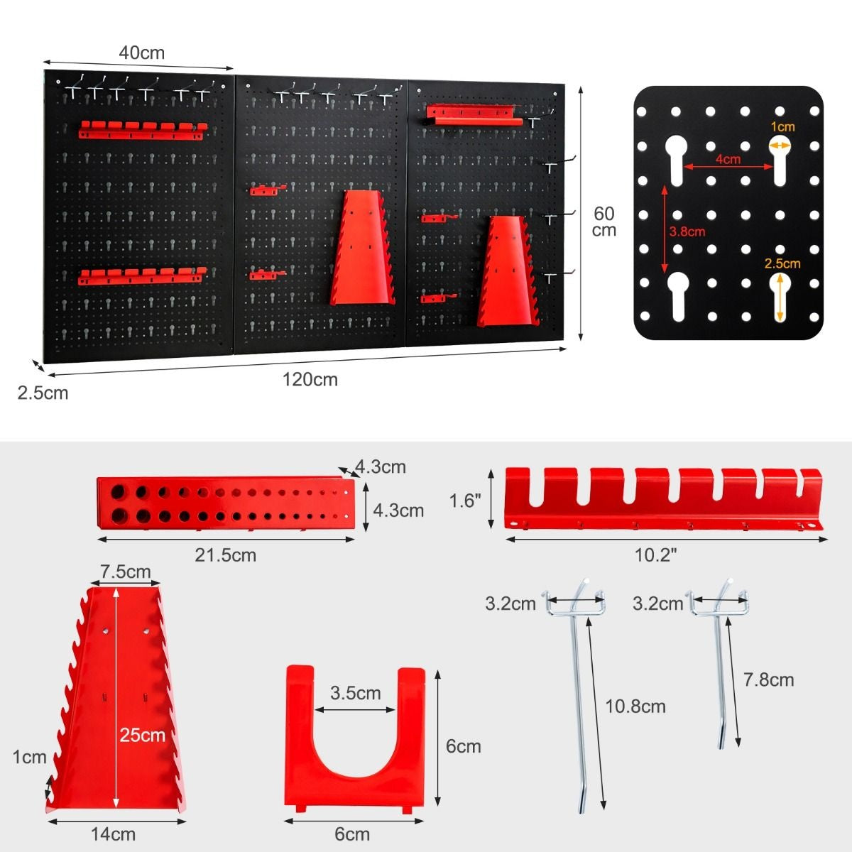 Pegboard Wall Organiser Metall Pegboard Tools Storage Kit mit 3 Pegboards & 25 hängenden Zubehör Schwarz+Rot