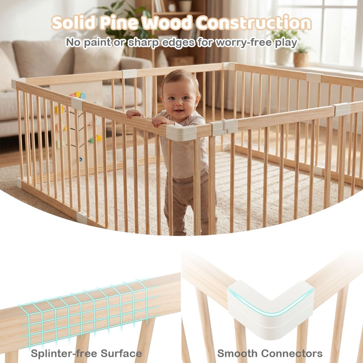 Coast Holz-Spielbox für Kleinkinder – Abschließbare Doppeltür – Verstellbarer Spielzaun – Naturfarben