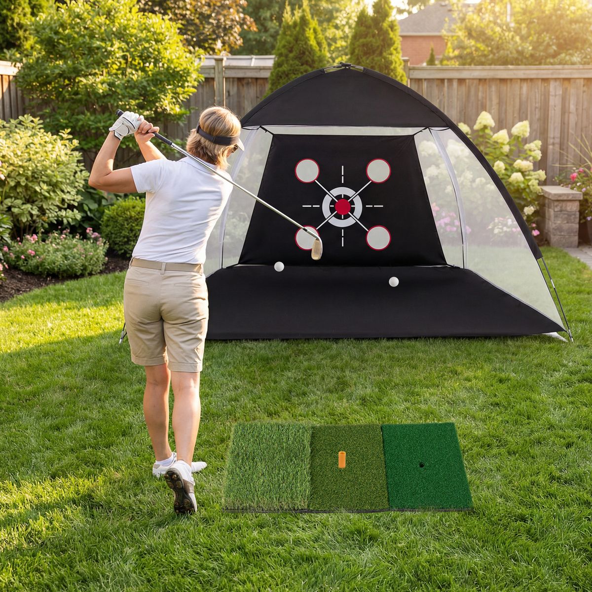 Coast Golf-Übungsnetz mit Abschlagmatte – inklusive Tragetasche und Schlagstütze – für drinnen und draußen geeignet – schwarz