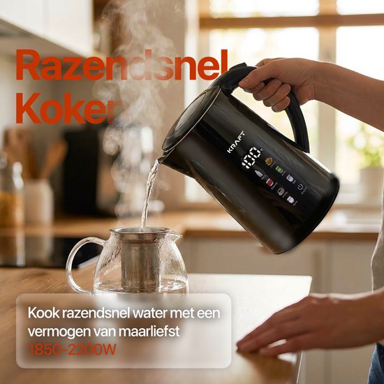 KRAFT Wasserkocher mit Temperaturregelung – 1,7 Liter – LED-Touch – Schwarz – 2200 W