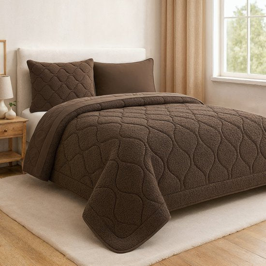 Sleeptime 2-in-1 Teddy Premium Bettdecke ohne Bezug – Bettdecke inklusive Kissenbezüge – 200 x 200 cm – Taupe/Braun