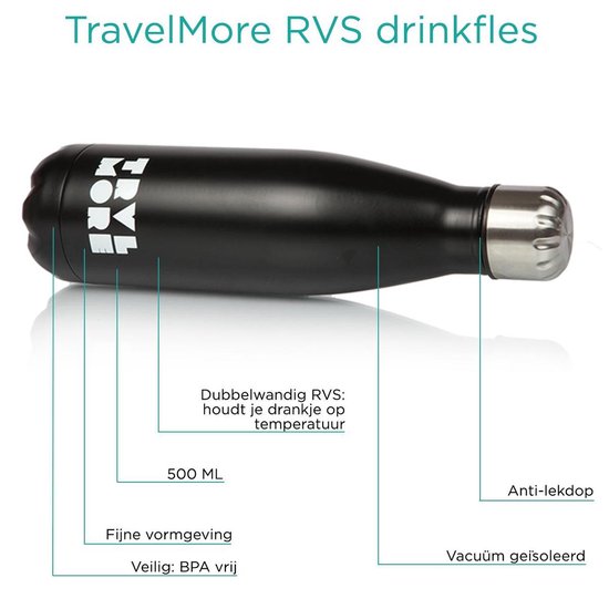 TravelMore Edelstahl-Trinkflasche – Sport-Thermobecher – Wasserflasche mit Kühl- und Wärmeisolierung – Isolierte Trinkflasche – Auto – Fitness – Outdoor – Laufen – Erwachsene – BPA-frei – Doppelwandig – Stiel – Stahl – 500 ml – Schwarz